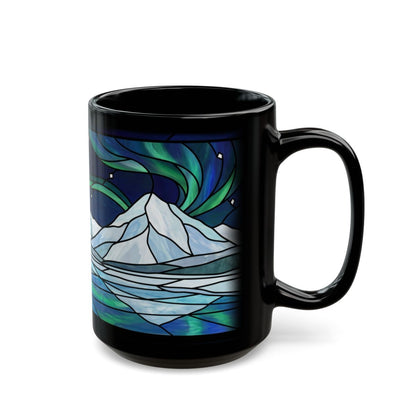 Stained Glass Aurora Lake Black Mug - 15oz black ceramic mug