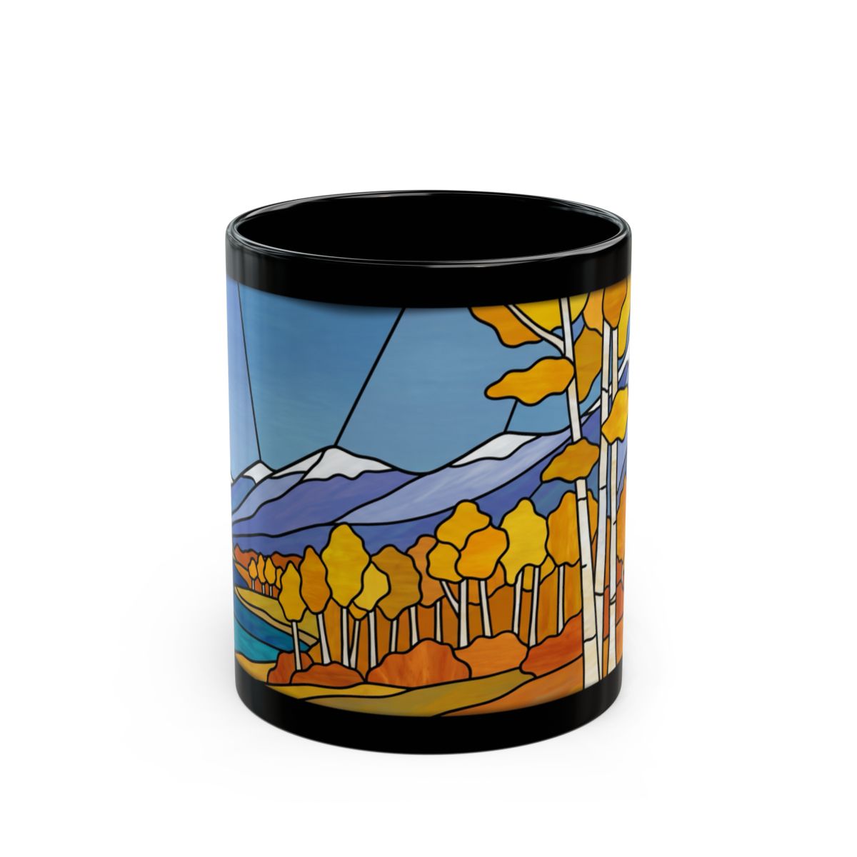 Stained Glass Autumn Aspens Black Mug - 11oz black ceramic mug