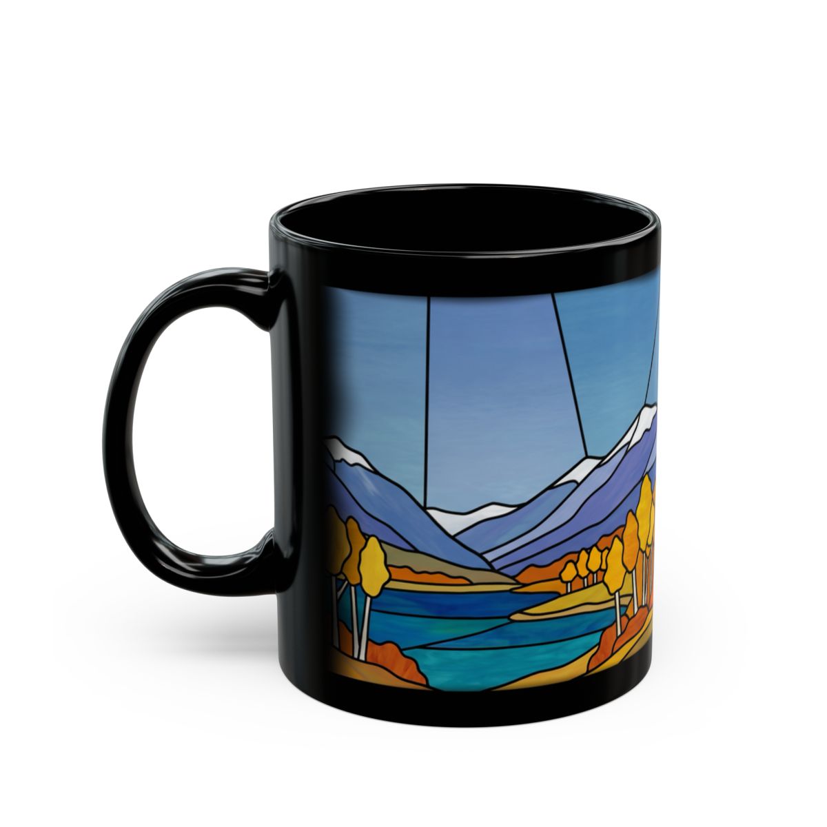 Stained Glass Autumn Aspens Black Mug - 11oz black ceramic mug