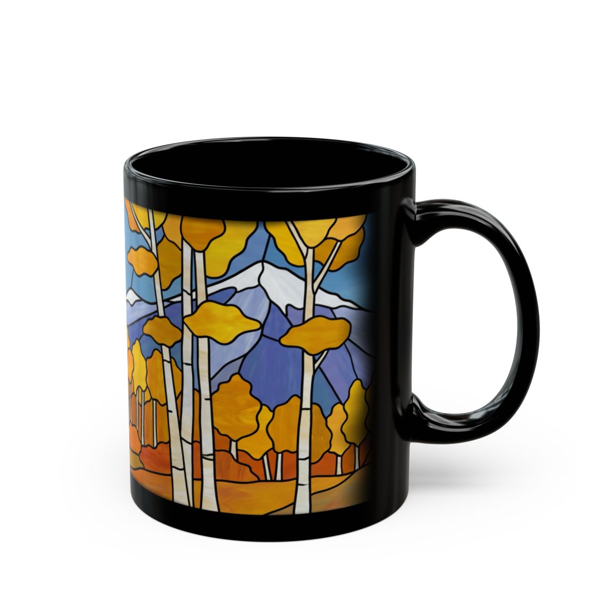 Stained Glass Autumn Aspens Black Mug - 11oz black ceramic mug