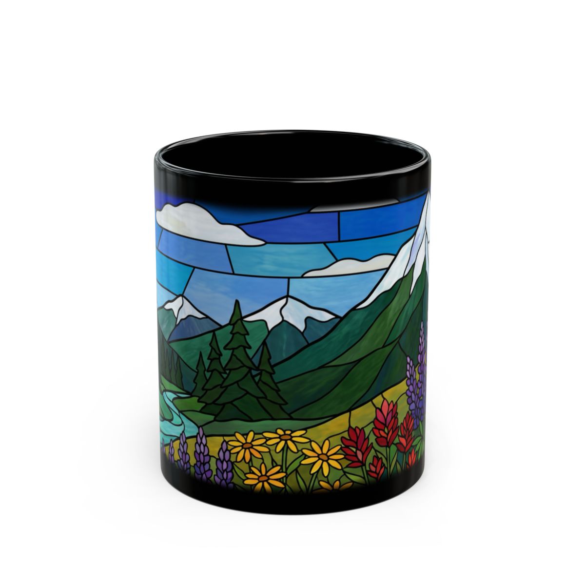 Stained Glass Wildflower Meadow Black Mug - 11oz black ceramic mug