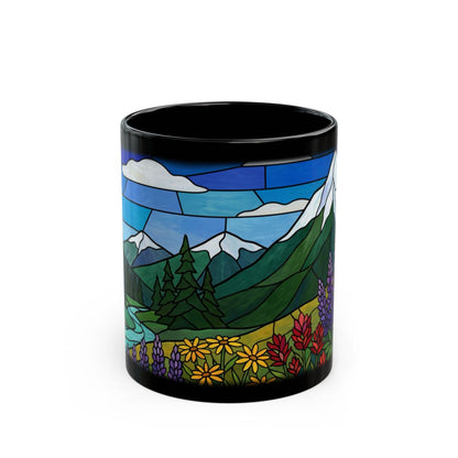 Stained Glass Wildflower Meadow Black Mug - 11oz black ceramic mug
