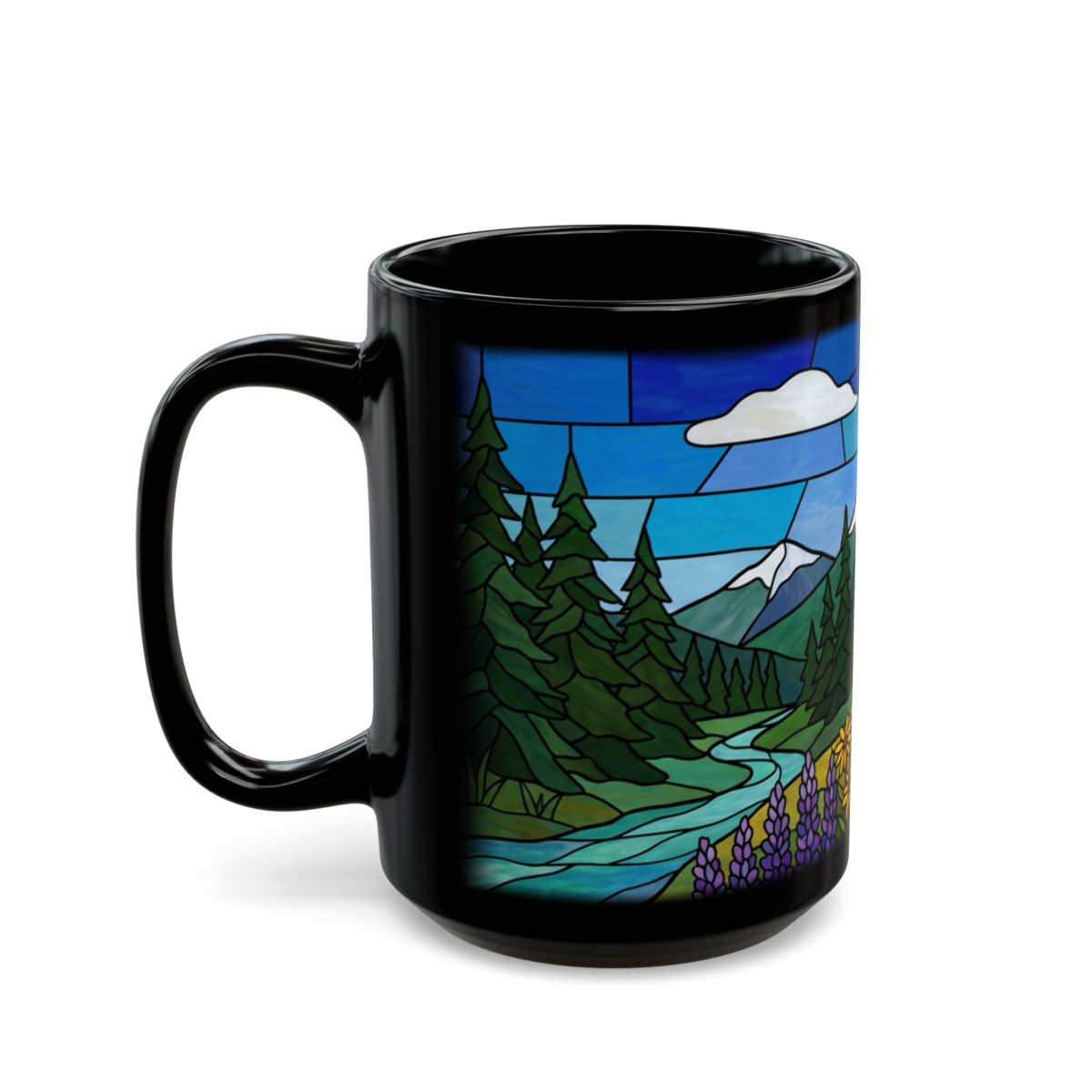 Stained Glass Wildflower Meadow Black Mug - 15oz black ceramic mug