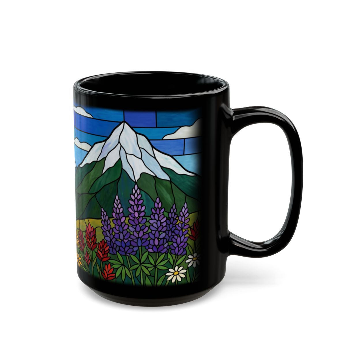 Stained Glass Wildflower Meadow Black Mug - 15oz black ceramic mug