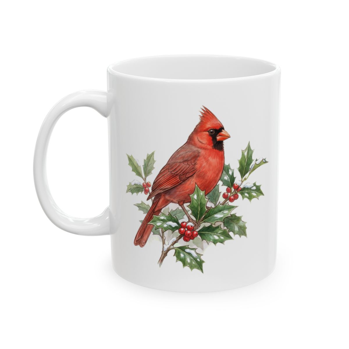 Cardinal on Holly Mug - 11oz white ceramic mug
