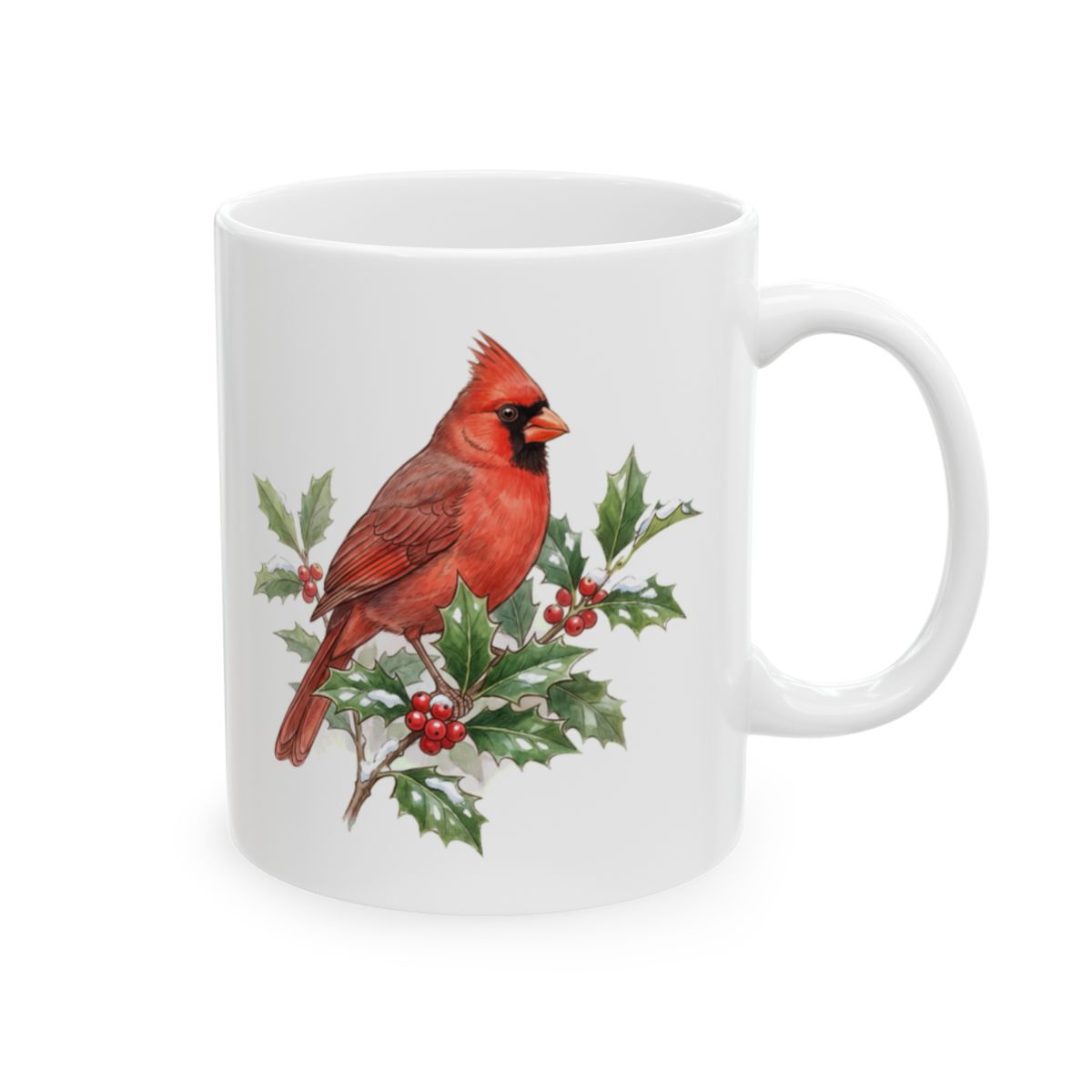 Cardinal on Holly Mug - 11oz white ceramic mug