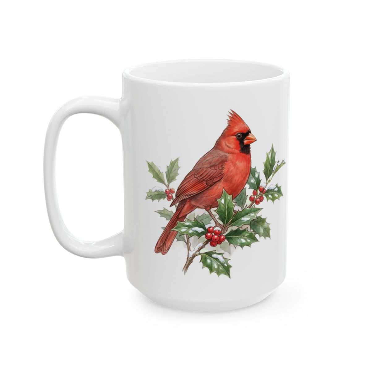 Cardinal on Holly Mug - 15oz white ceramic mug