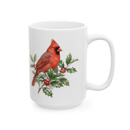 Cardinal on Holly Mug - 15oz white ceramic mug