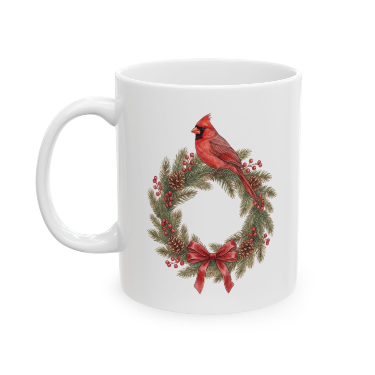 Cardinal Christmas Wreath Mug - 11oz white ceramic mug