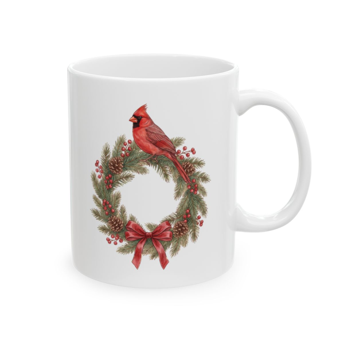 Cardinal Christmas Wreath Mug - 11oz white ceramic mug