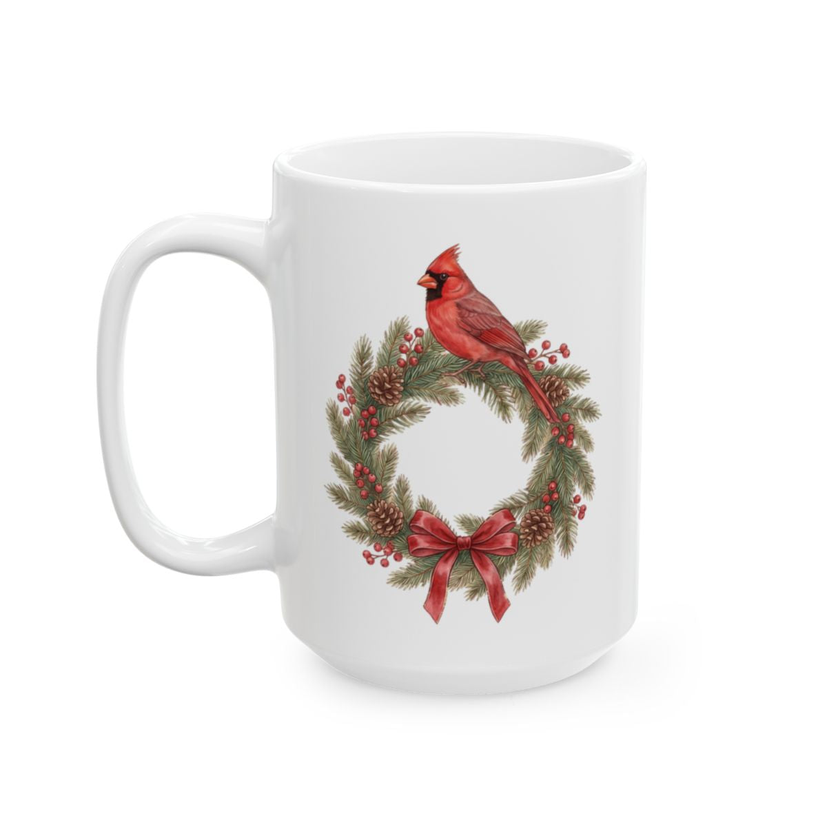 Cardinal Christmas Wreath Mug - 15oz white ceramic mug