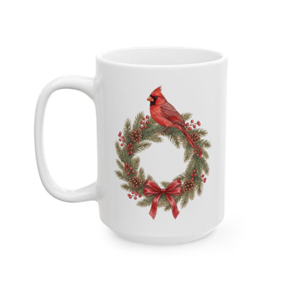 Cardinal Christmas Wreath Mug - 15oz white ceramic mug