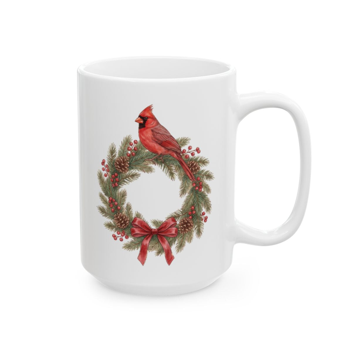 Cardinal Christmas Wreath Mug - 15oz white ceramic mug