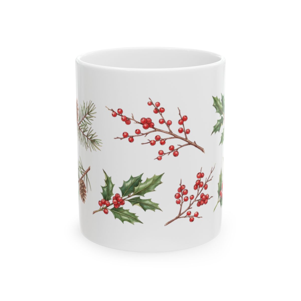 Holly and Winterberry Mug - 11oz white ceramic mug
