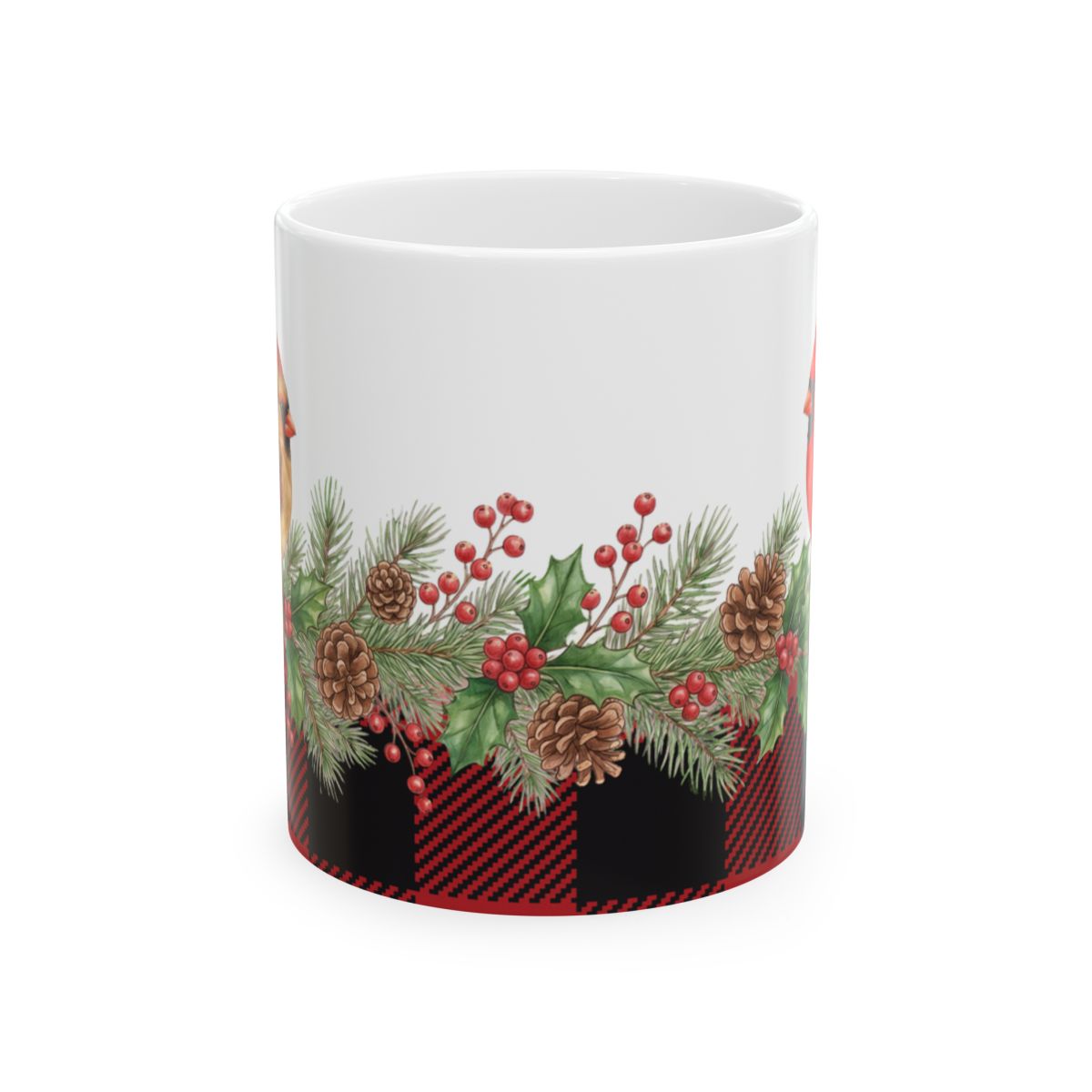 Buffalo Plaid Cardinal Garland Mug - 11oz white ceramic mug