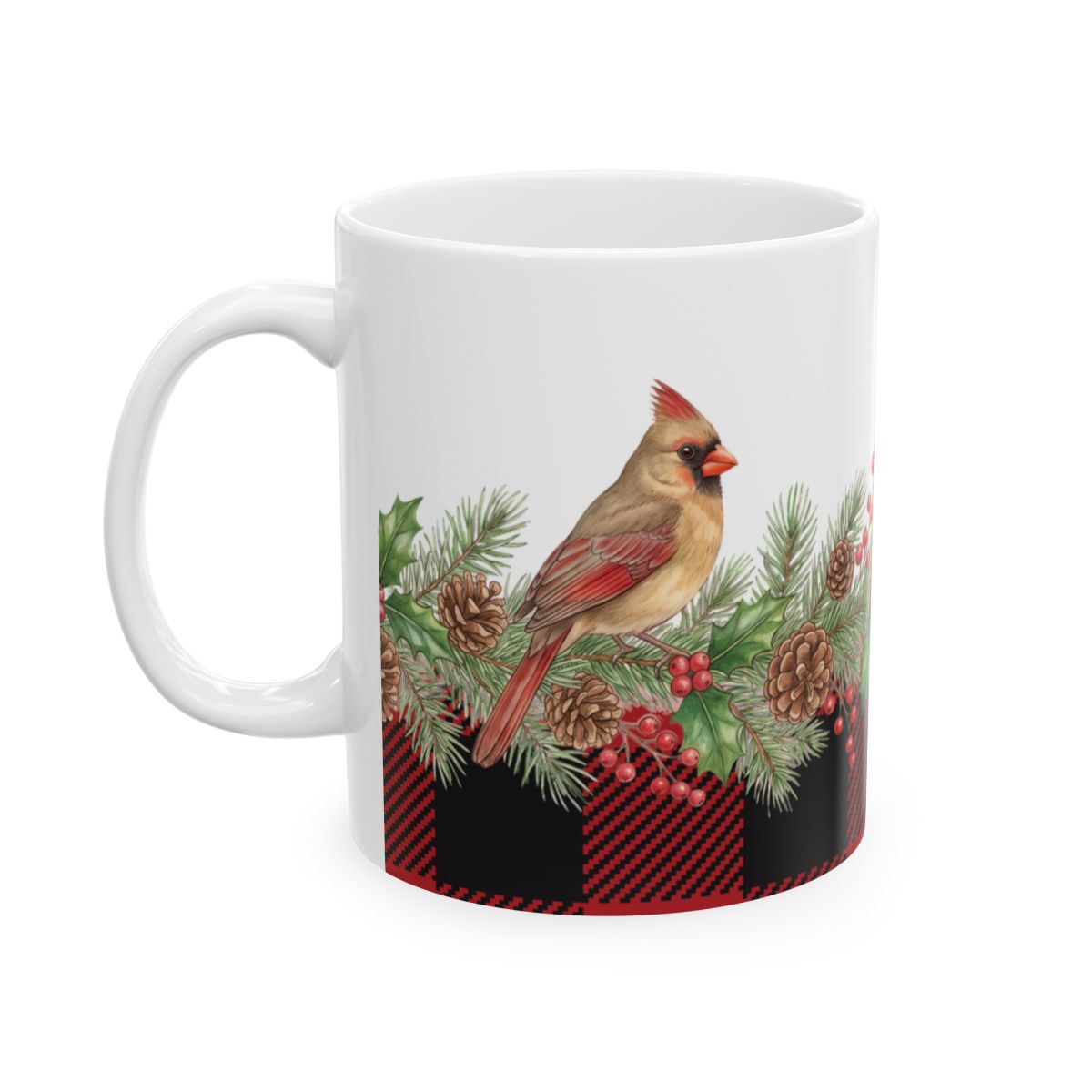 Buffalo Plaid Cardinal Garland Mug - 11oz white ceramic mug