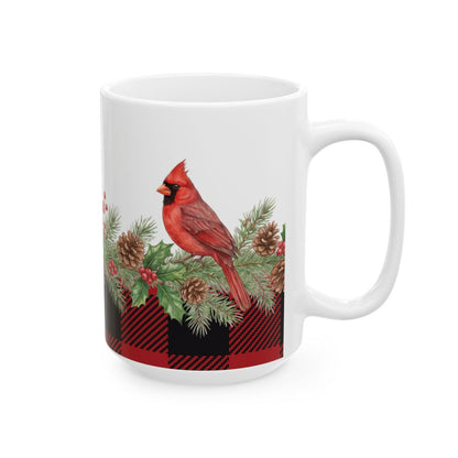 Buffalo Plaid Cardinal Garland Mug - 15oz white ceramic mug