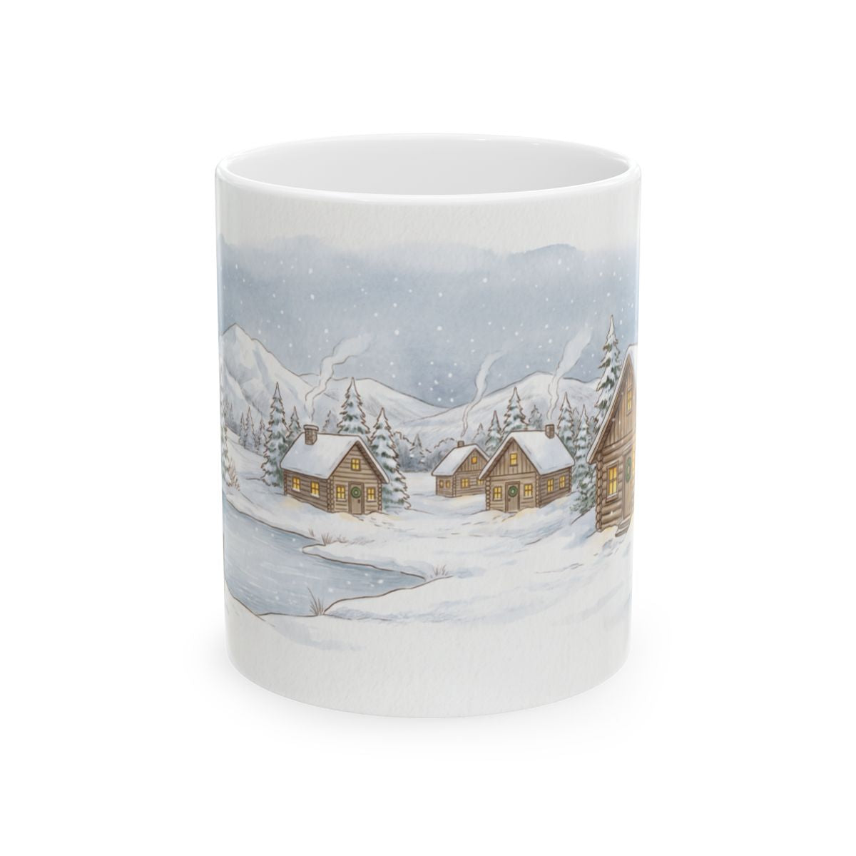 Snowy Cabin Village Mug - 11oz white ceramic mug