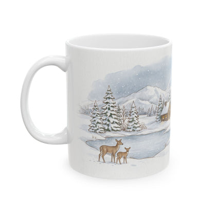 Snowy Cabin Village Mug - 11oz white ceramic mug