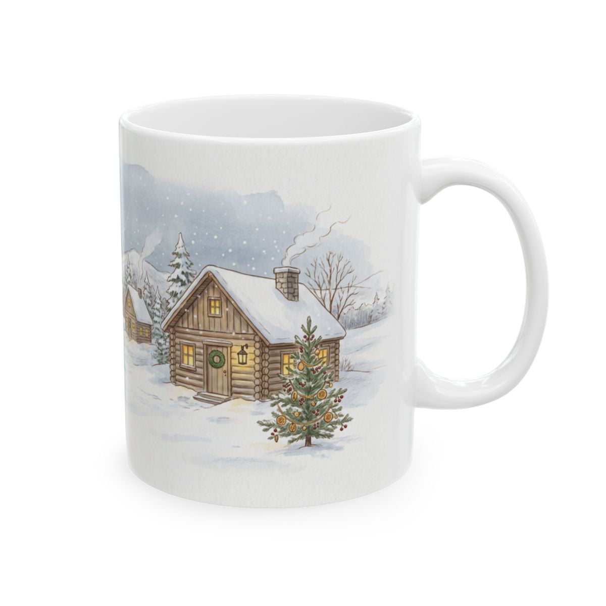Snowy Cabin Village Mug - 11oz white ceramic mug