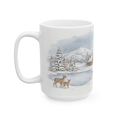 Snowy Cabin Village Mug - 15oz white ceramic mug