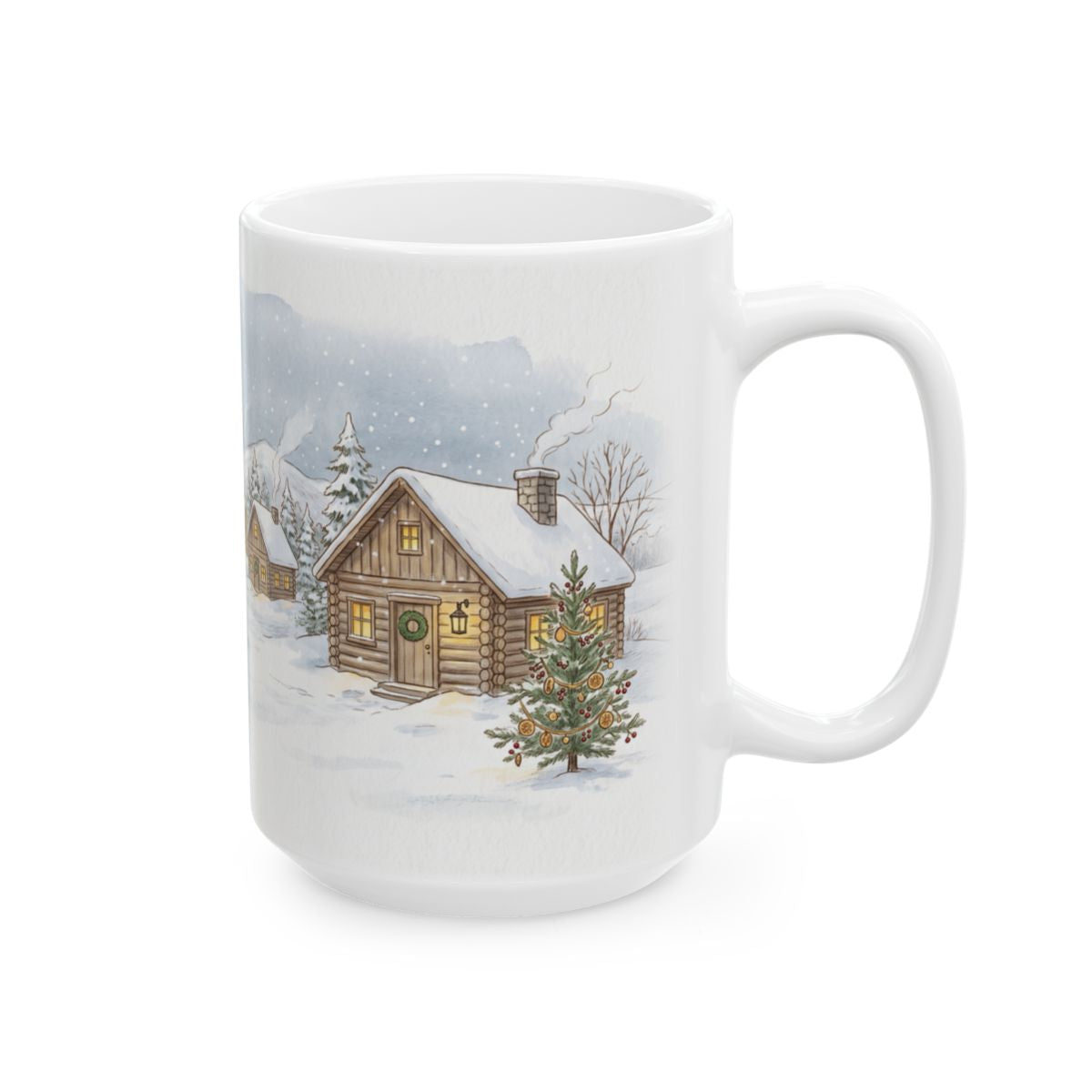 Snowy Cabin Village Mug - 15oz white ceramic mug