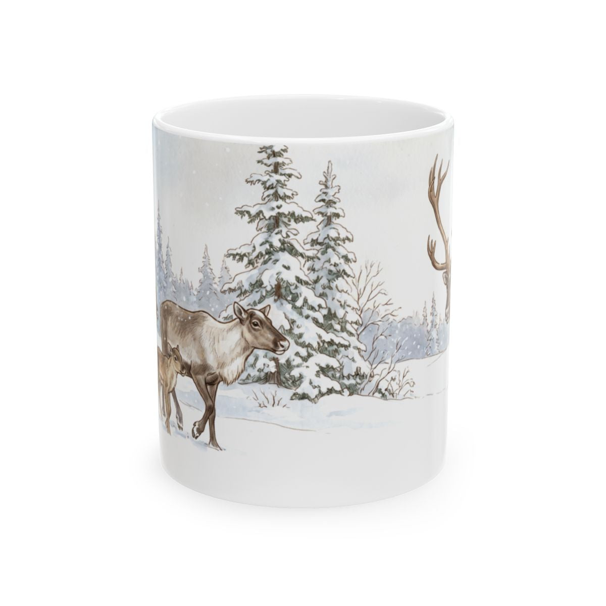Winter Caribou Forest Mug - 11oz white ceramic mug