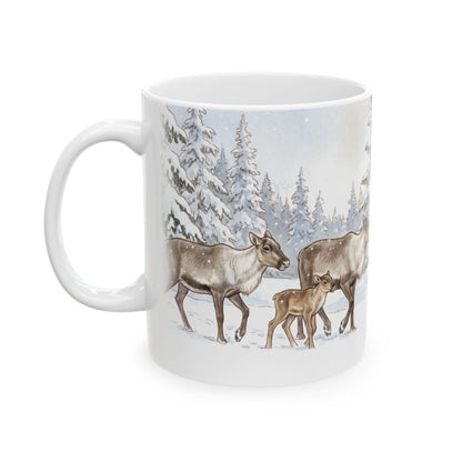 Winter Caribou Forest Mug - 11oz white ceramic mug