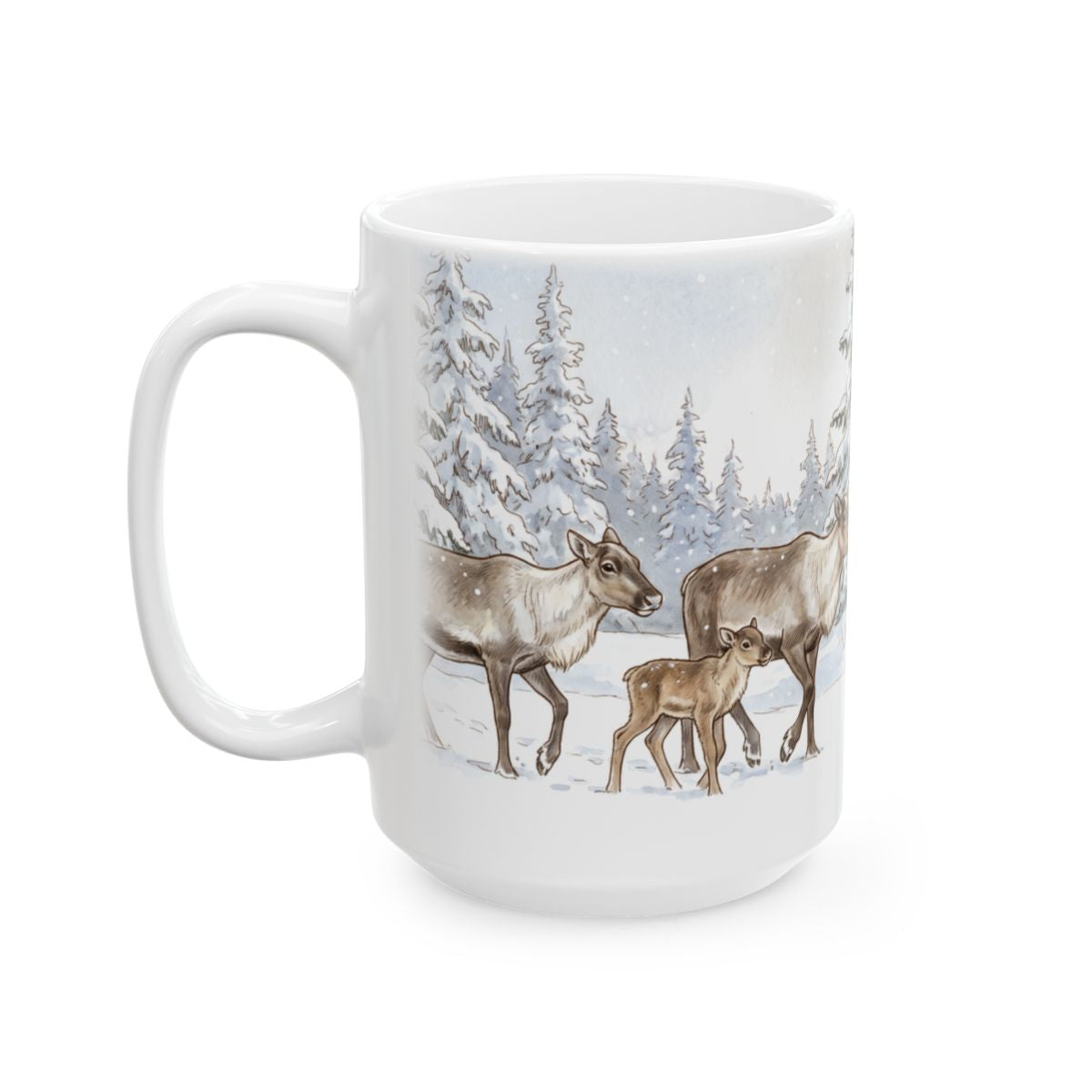 Winter Caribou Forest Mug - 15oz white ceramic mug
