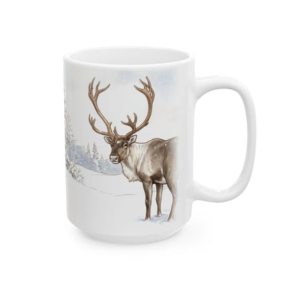 Winter Caribou Forest Mug - 15oz white ceramic mug