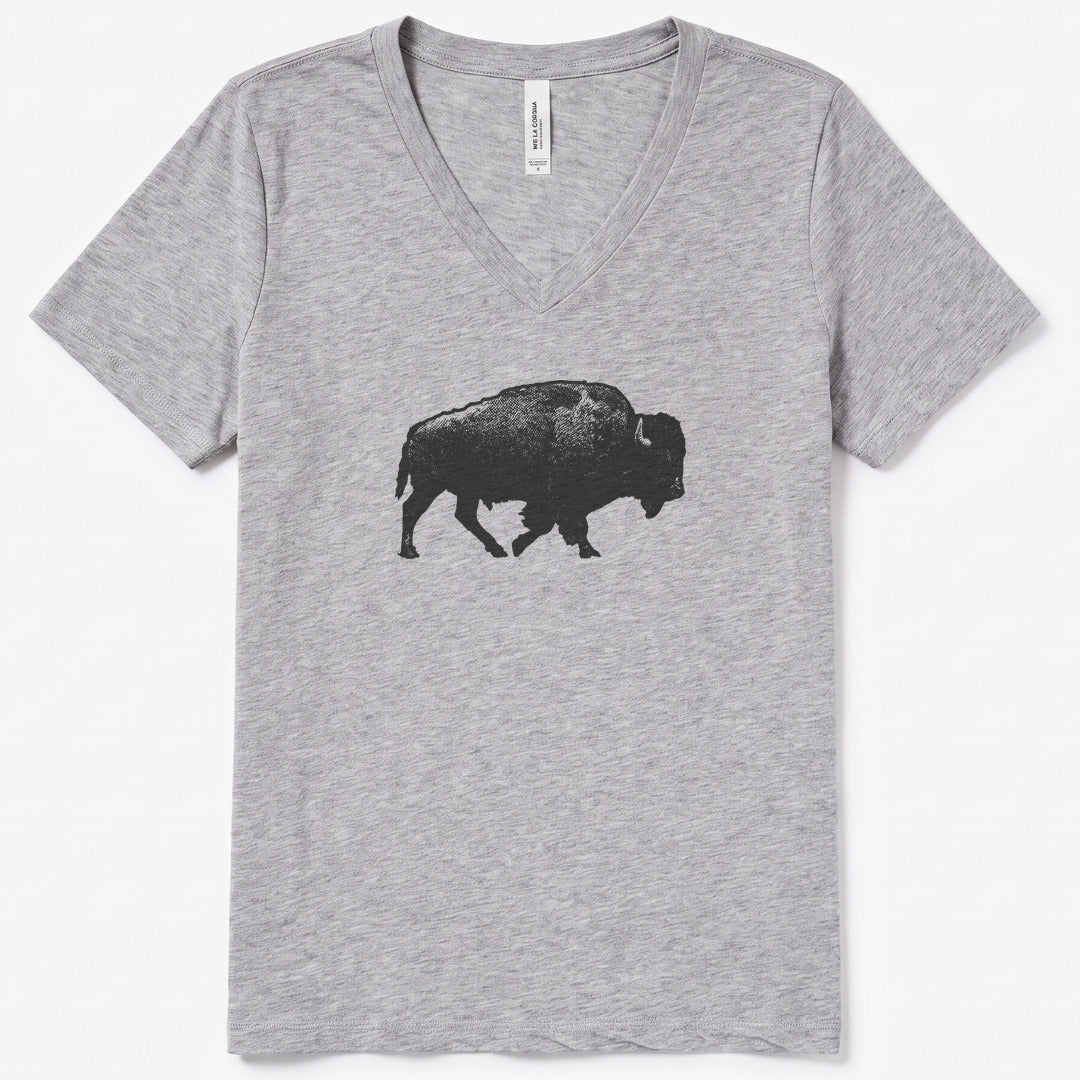 Lone Bison V-Neck Heather - women's relaxed v-neck tee in Athletic Heather from Summit Soul