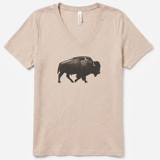 Lone Bison V-Neck Heather - women's relaxed v-neck tee in Heather Dust from Summit Soul