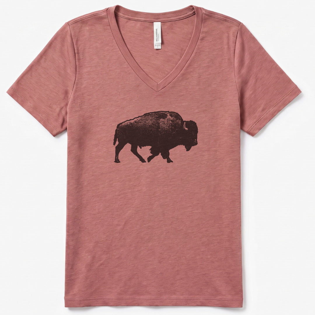Lone Bison V-Neck Heather - women's relaxed v-neck tee in Heather Mauve from Summit Soul