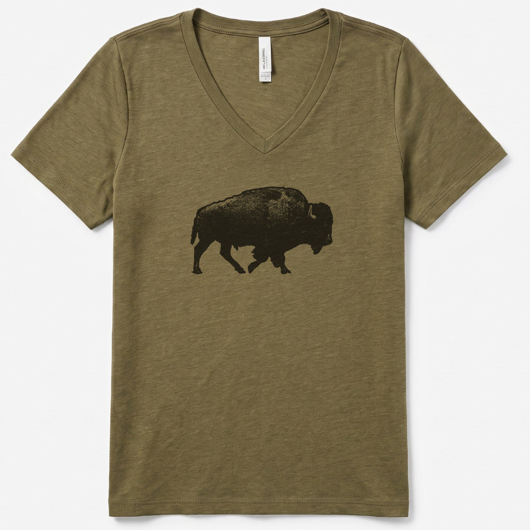 Lone Bison V-Neck Heather - women's relaxed v-neck tee in Heather Olive from Summit Soul