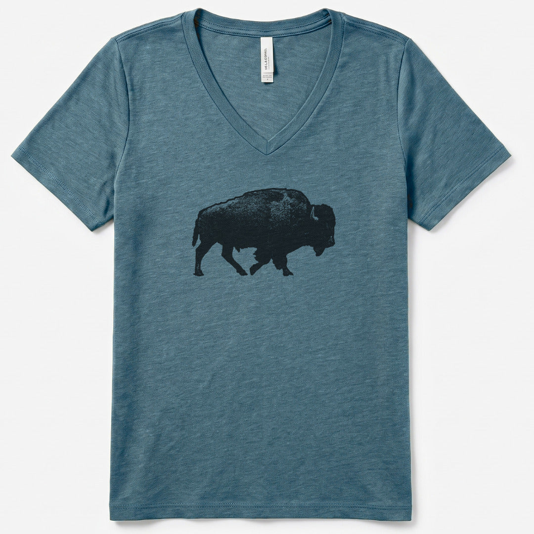 Lone Bison V-Neck Heather - women's relaxed v-neck tee in Heather Slate from Summit Soul