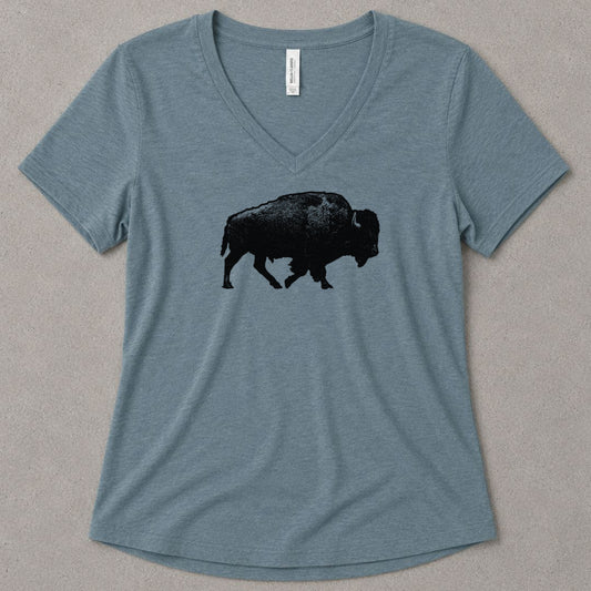 Lone Bison V-Neck Heather - women's relaxed v-neck tee in Heather Slate from Summit Soul