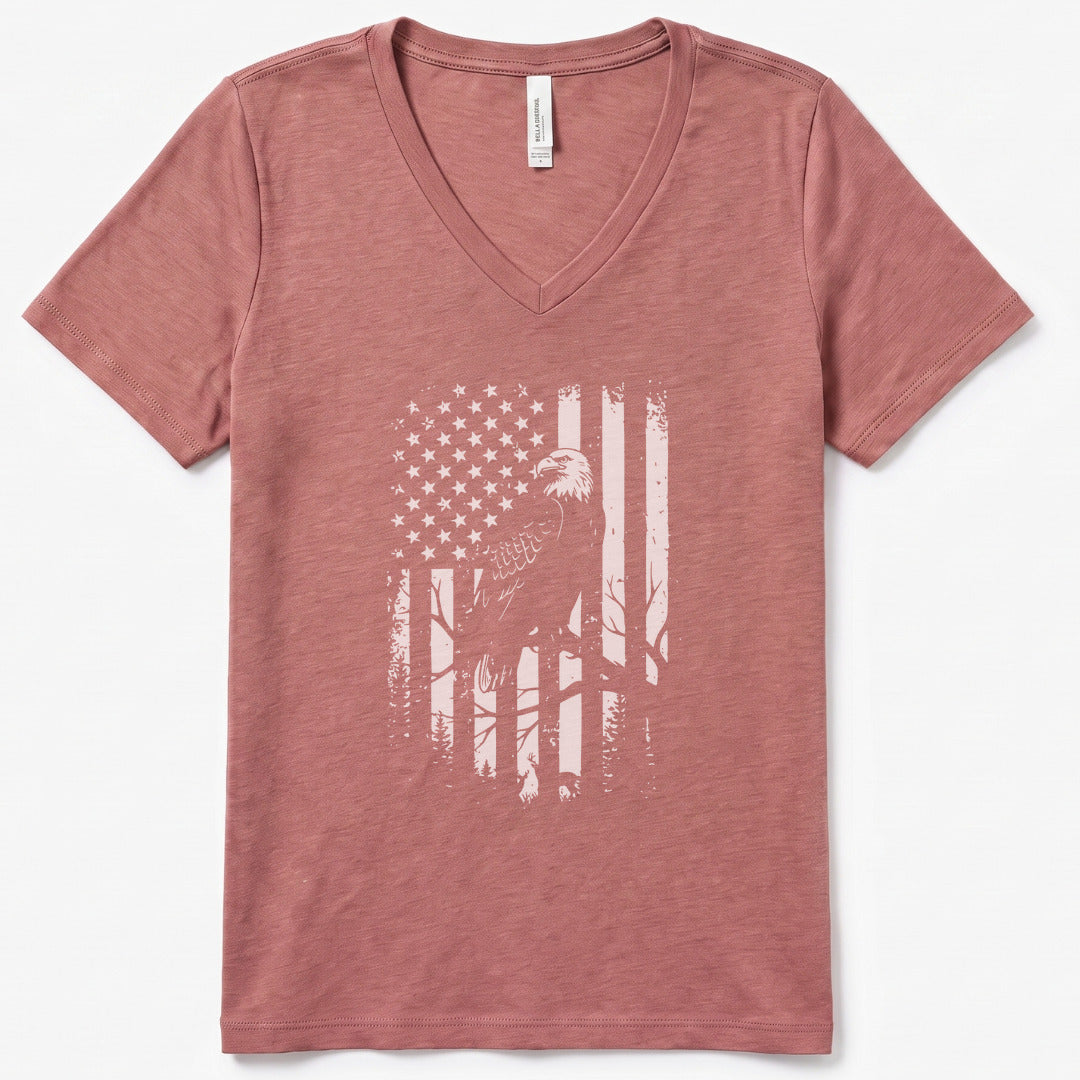 Eagle Freedom Flag V-Neck Heather - women's relaxed v-neck tee in Heather Mauve from Summit Soul