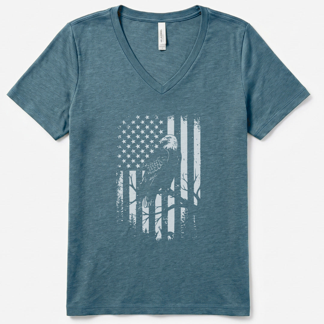 Eagle Freedom Flag V-Neck Heather - women's relaxed v-neck tee in Heather Slate from Summit Soul