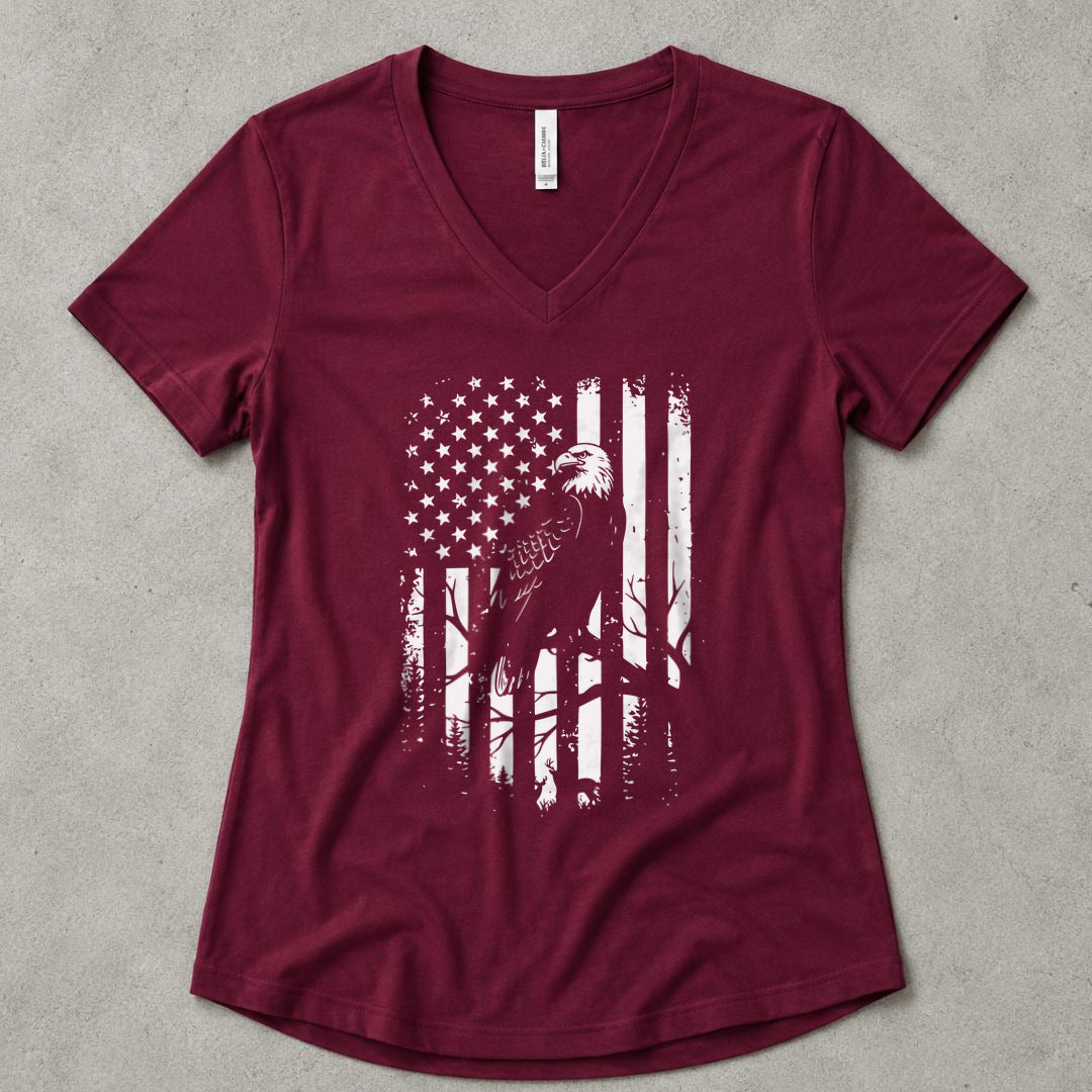 Eagle Freedom Flag V-Neck - women's relaxed v-neck tee in Maroon from Summit Soul