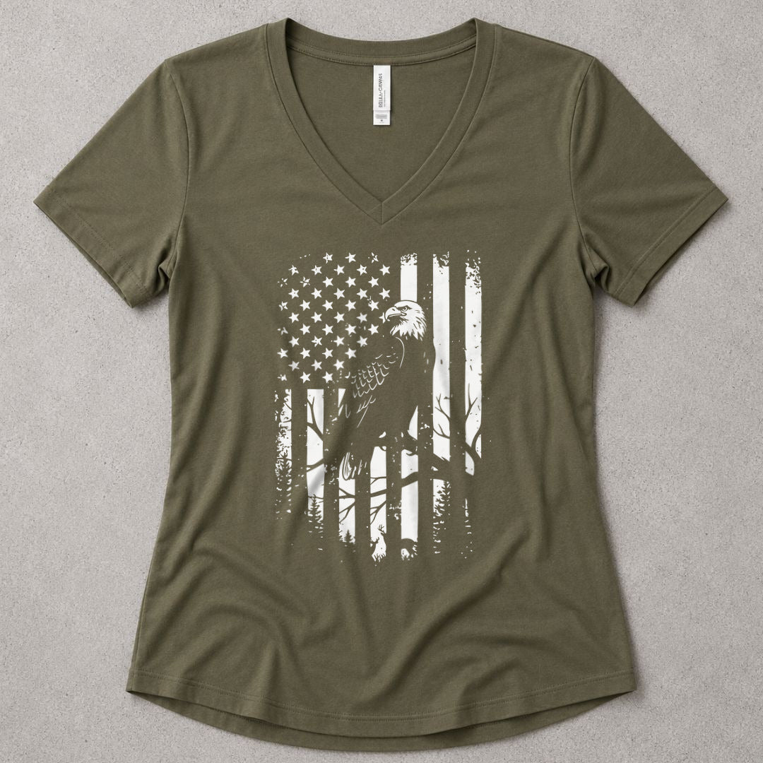 Eagle Freedom Flag V-Neck - women's relaxed v-neck tee in Military Green from Summit Soul