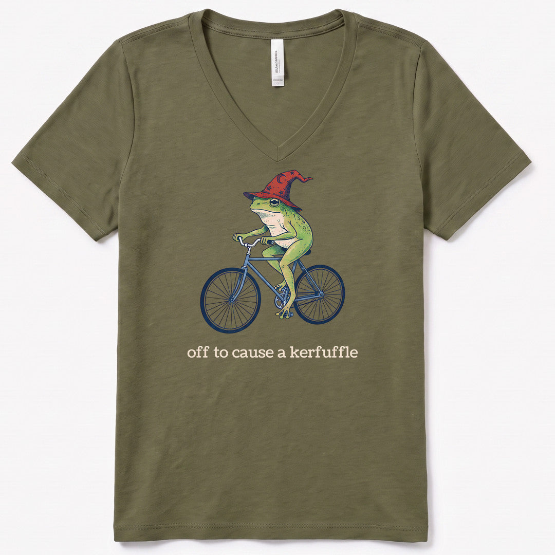 Frog Wizard Kerfuffle V-Neck - women's relaxed v-neck tee in Military Green from Summit Soul