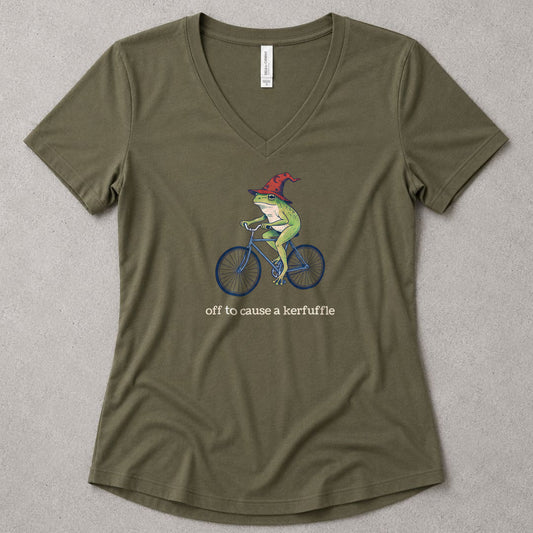 Frog Wizard Kerfuffle V-Neck - women's relaxed v-neck tee in Military Green from Summit Soul