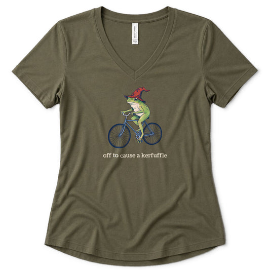 Frog Wizard Kerfuffle V-Neck - women's relaxed v-neck tee in Military Green from Summit Soul