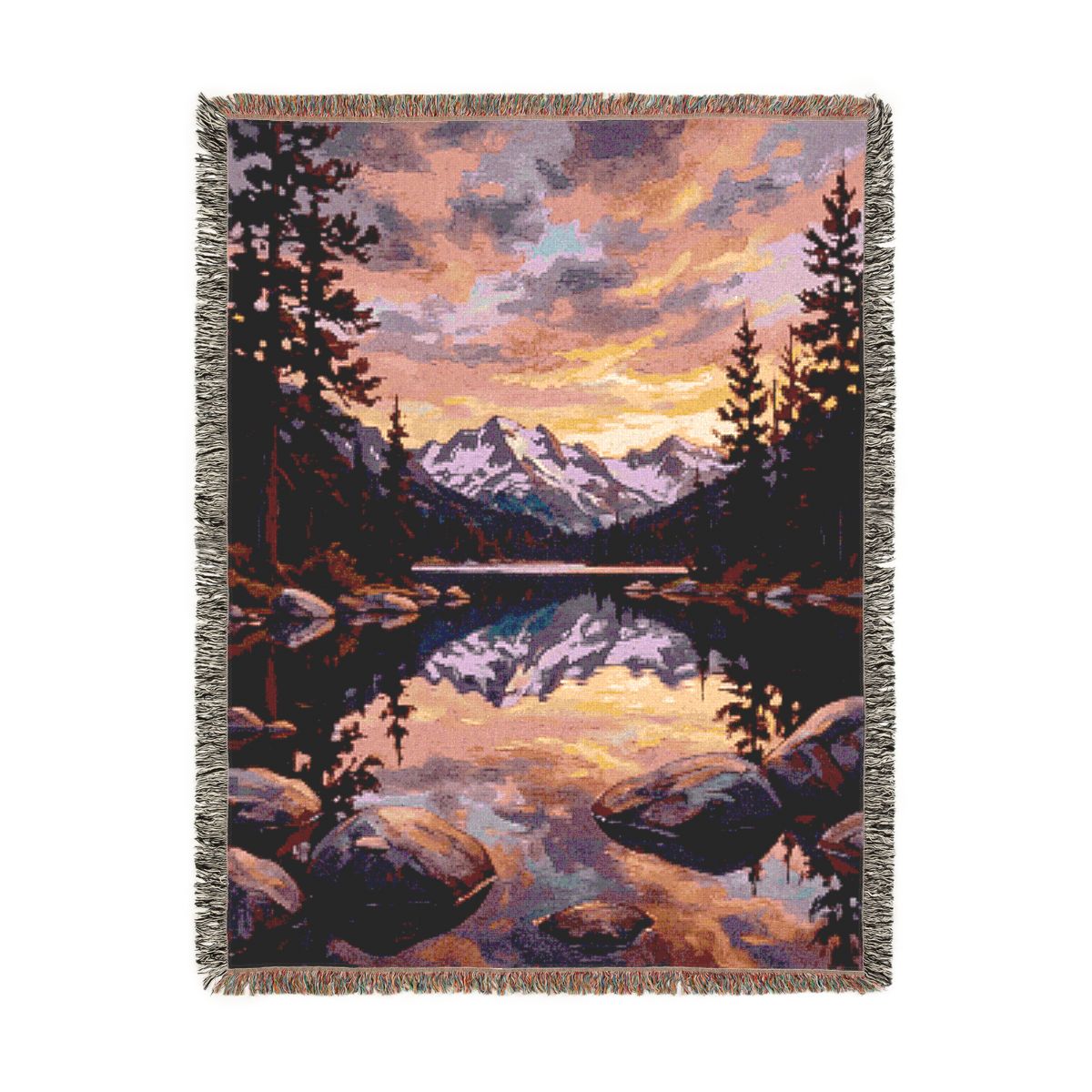 Alpine Lake Reflection Woven Blanket, a 60 x 80 inch woven cotton throw blanket with fringed edges
