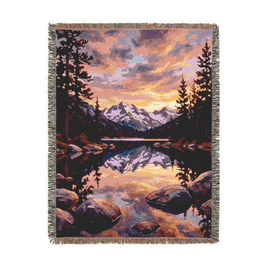Alpine Lake Reflection Woven Blanket, a 60 x 80 inch woven cotton throw blanket with fringed edges