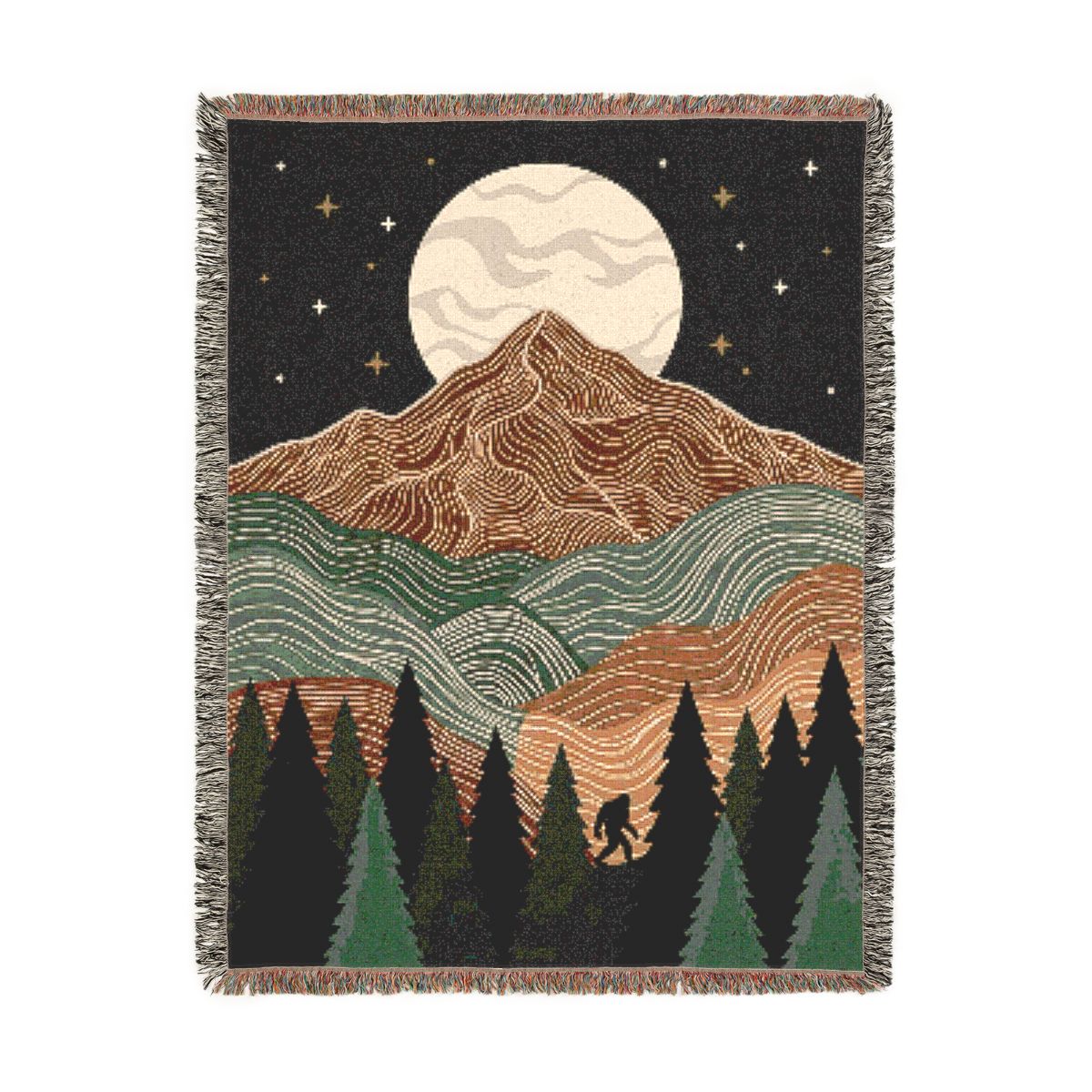 Bigfoot Moon Woven Blanket, a 60 x 80 inch woven cotton throw blanket with fringed edges