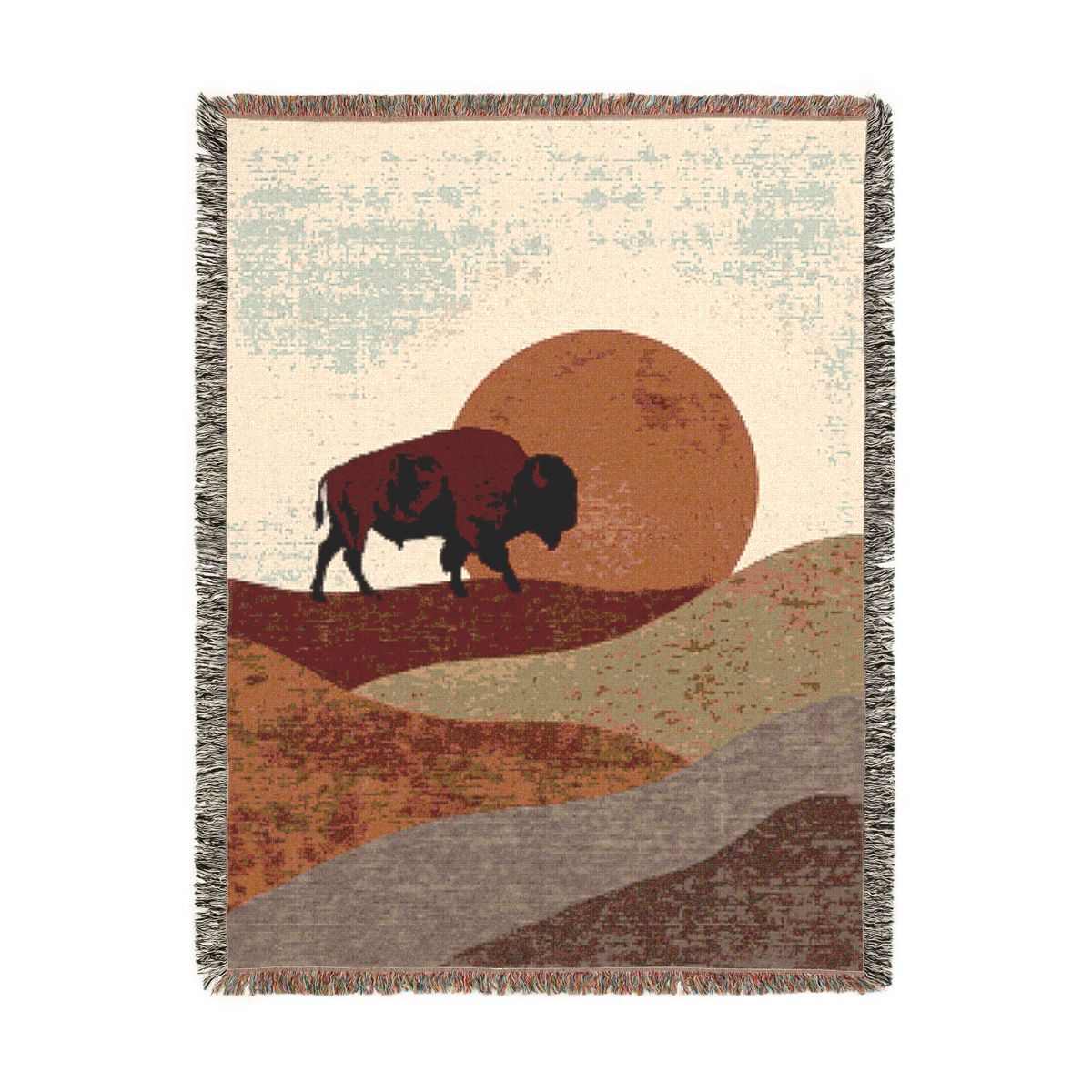 Bison Sunset Woven Blanket, a 60 x 80 inch woven cotton throw blanket with fringed edges