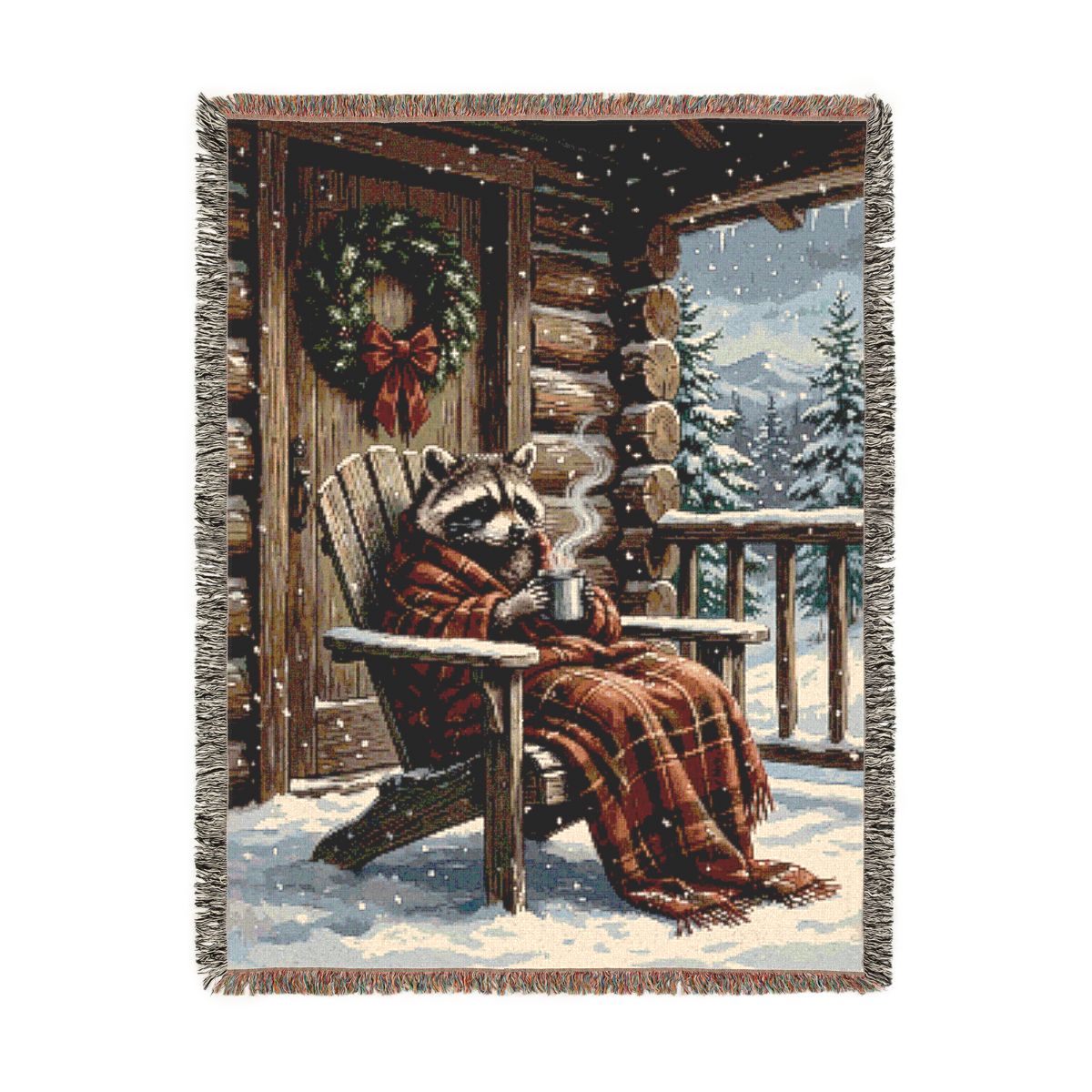 Cabin Christmas Raccoon Woven Blanket, a 60 x 80 inch woven cotton throw blanket with fringed edges