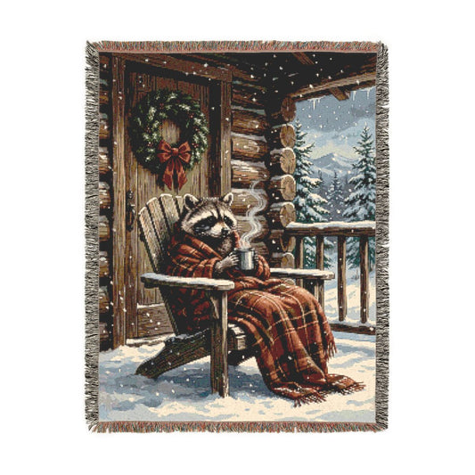 Cabin Christmas Raccoon Woven Blanket, a 60 x 80 inch woven cotton throw blanket with fringed edges