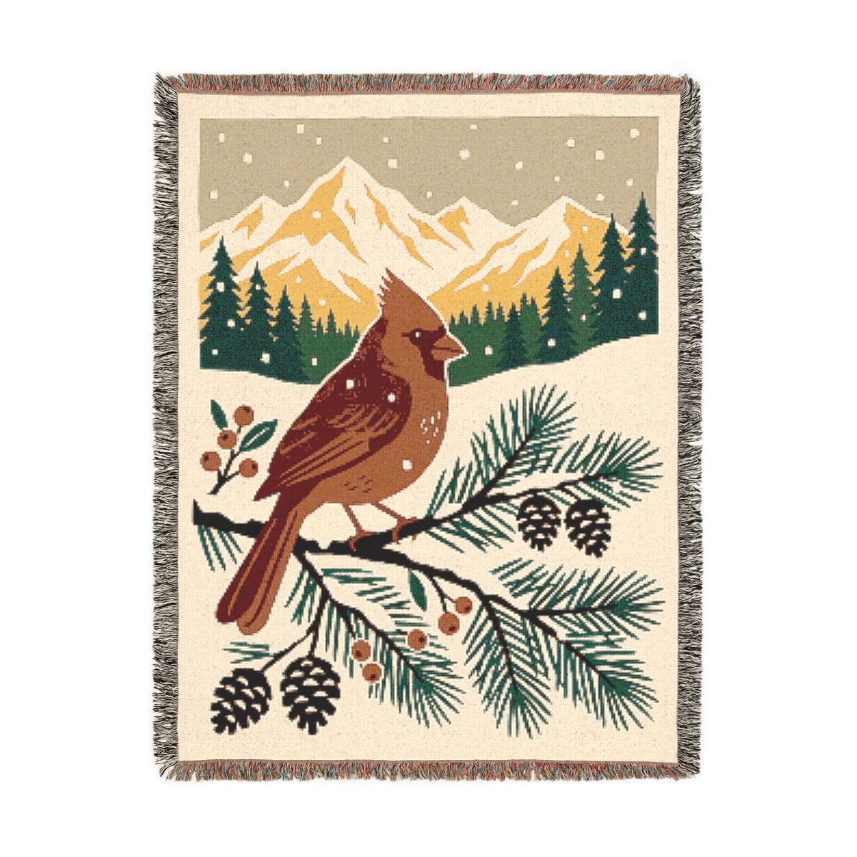 Christmas Cardinal Woven Blanket, a 60 x 80 inch woven cotton throw blanket with fringed edges